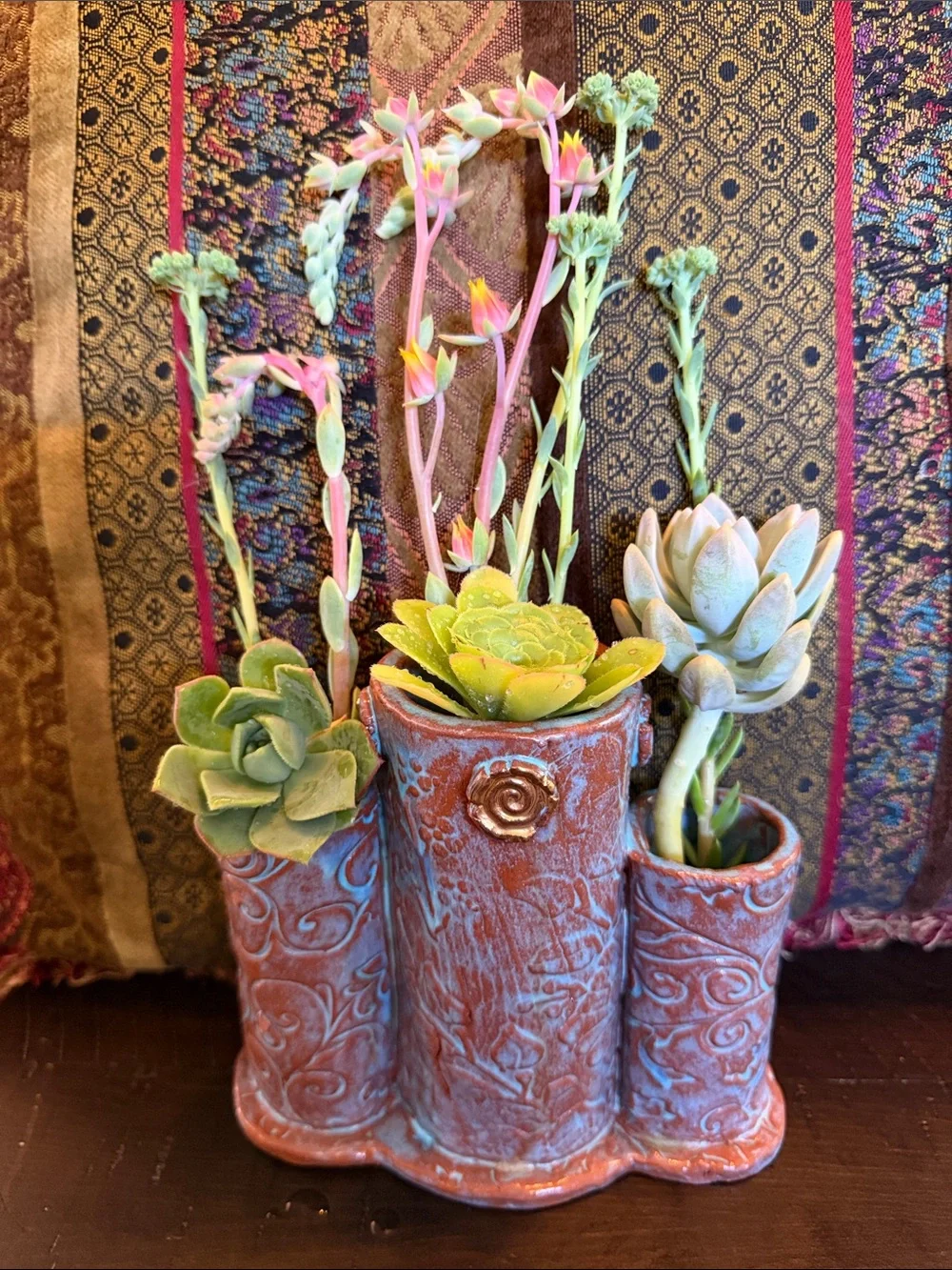 Unique Textured Ceramic Triple Vase or Brush/Pen holder Earthenware with Aqua